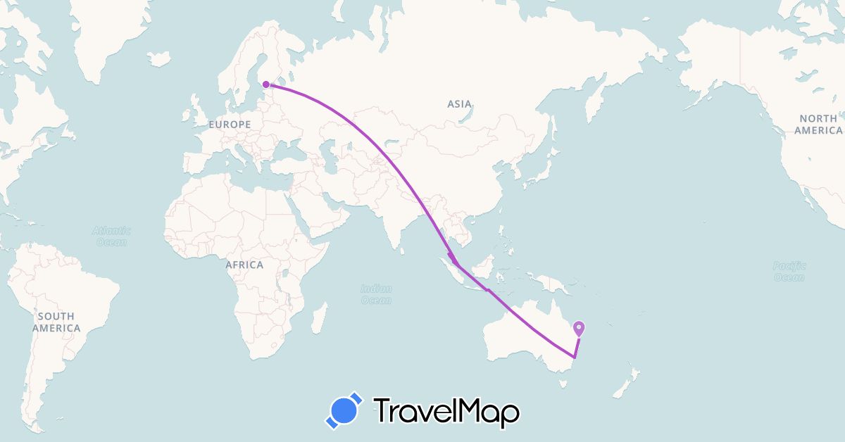 TravelMap itinerary: driving, train in Australia, Finland, Indonesia, Malaysia, Singapore (Asia, Europe, Oceania)